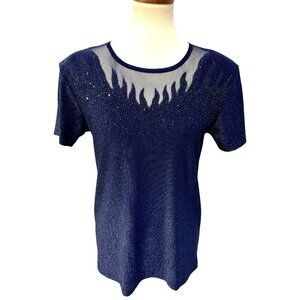 Zio women's beaded top navy blue short sleeve shoulder pads size M